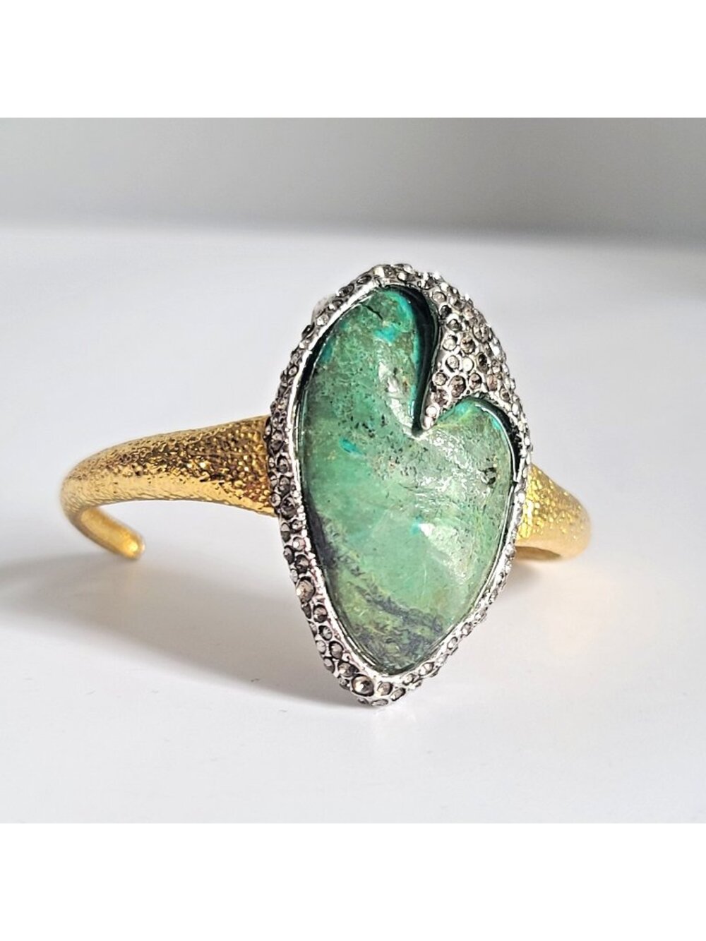 Alexis Bittar Green Stone Heart Cuff Bracelet Textured Gold Tone Crystal Accent
